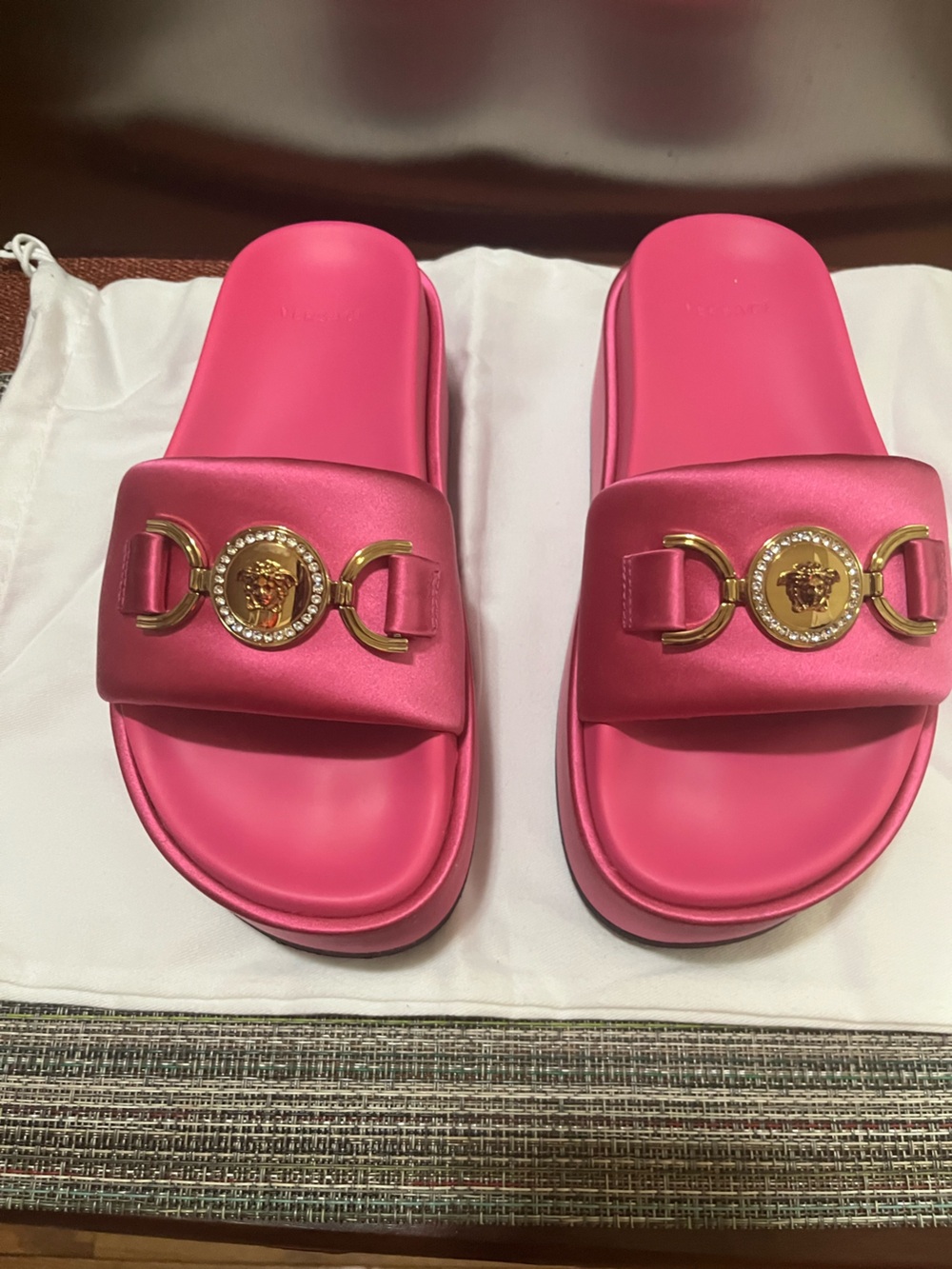 Versace Hot Pink Medusa Slide Sandals with Gold Emblem - Picture 1 of 10